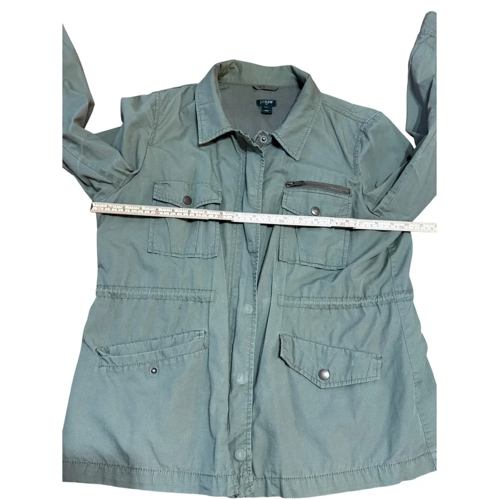 J Crew‎ Utility Jacket Military Green Cargo Pockets Zip Snap Button Sz L